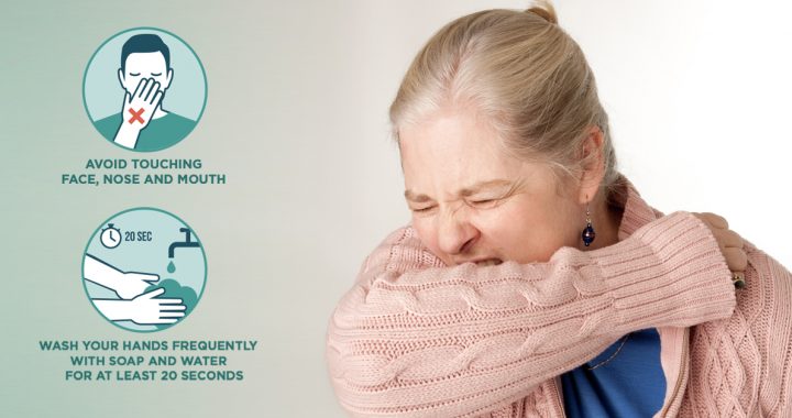 Women sneezing with list of tips to avoid touching your face, nose and mouth as well as wash your hands frequently.