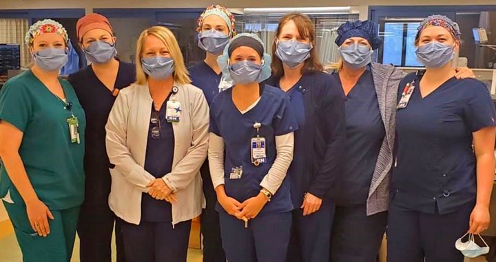 Bon Secours St. Francis nurses wearing masks donated by Heather.