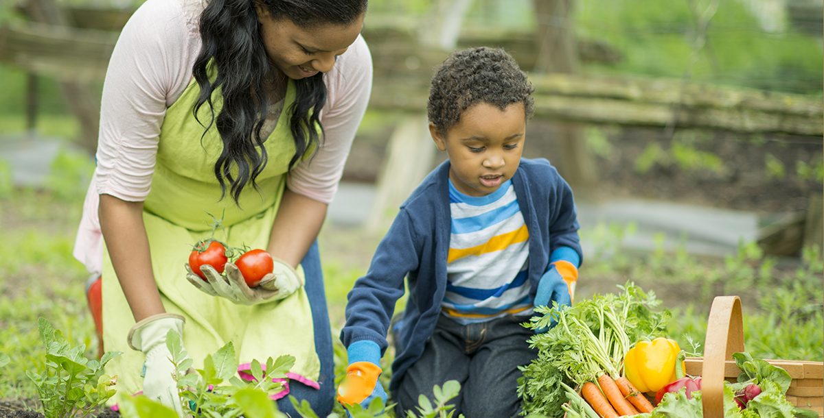 A mother and son planting a victory garden in their backyard.