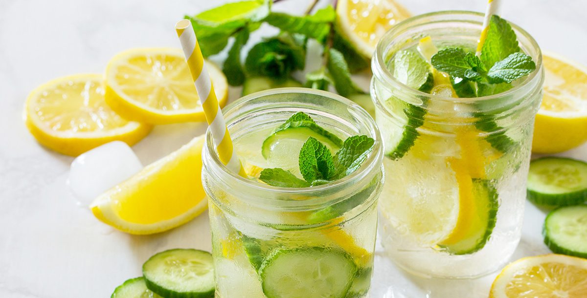 Water with lemon and cucumber in it.