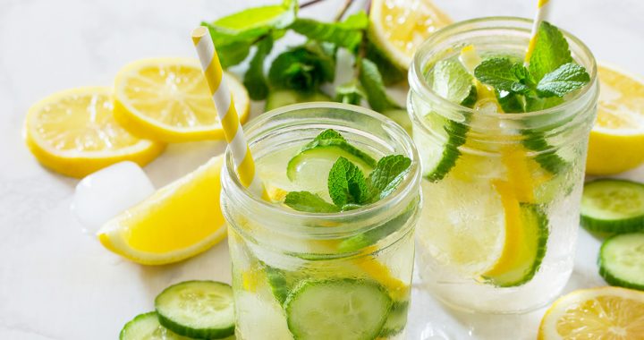 Water with lemon and cucumber in it.