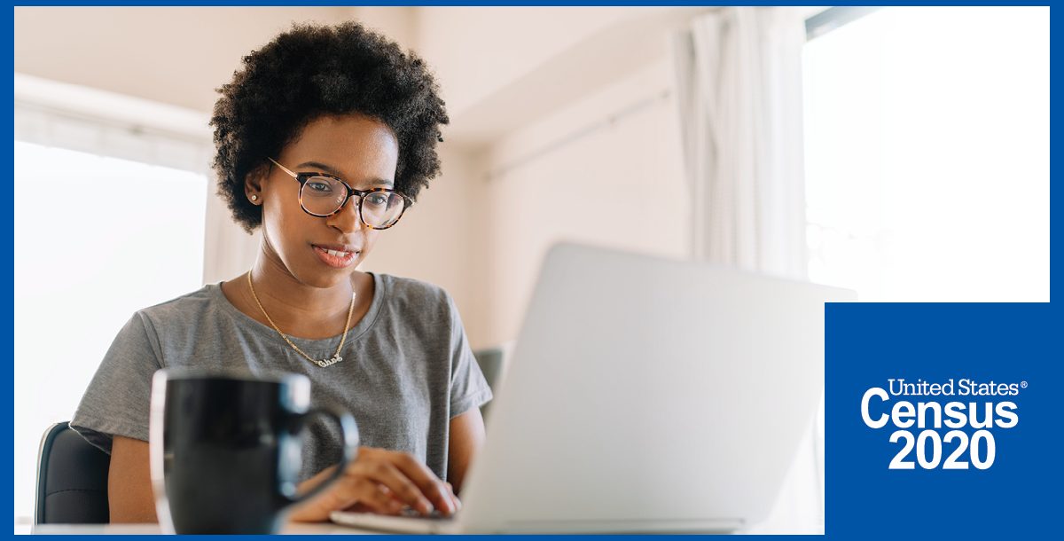 A woman taking the 2020 United States Census online at home.