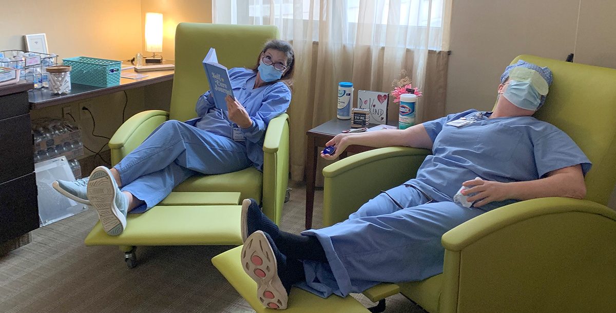 Two of our team members enjoying the Oasis Room at St. Mary's Hospital.