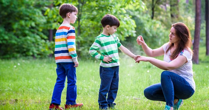 A mother spraying insect repellent on her kids.