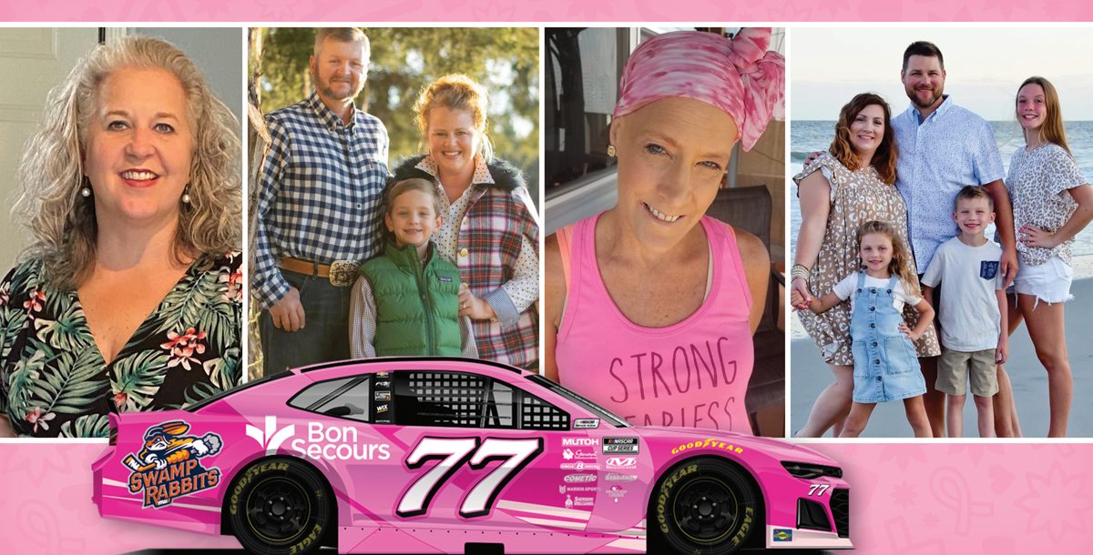 Some of the breast cancer survivors being featured on the NASCAR car.